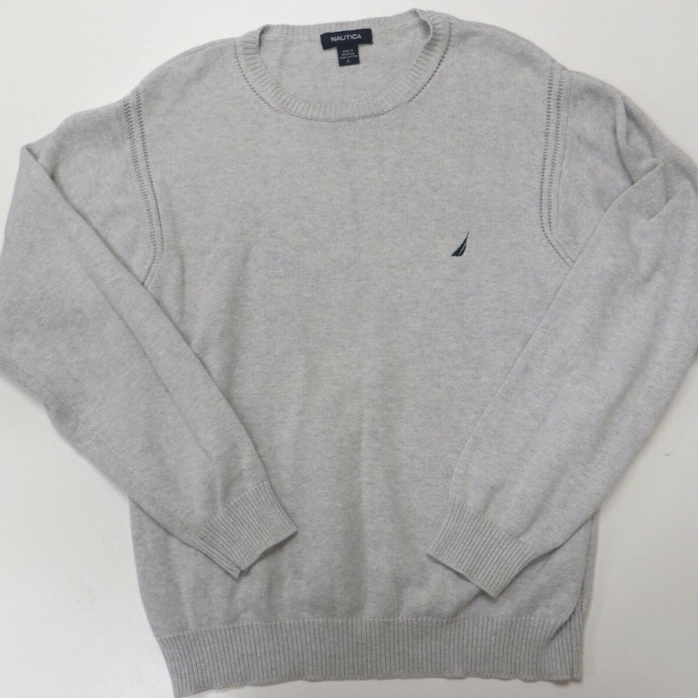Nautica Sweater Mens Large Solid Gray Cotton Pullover Crewneck
